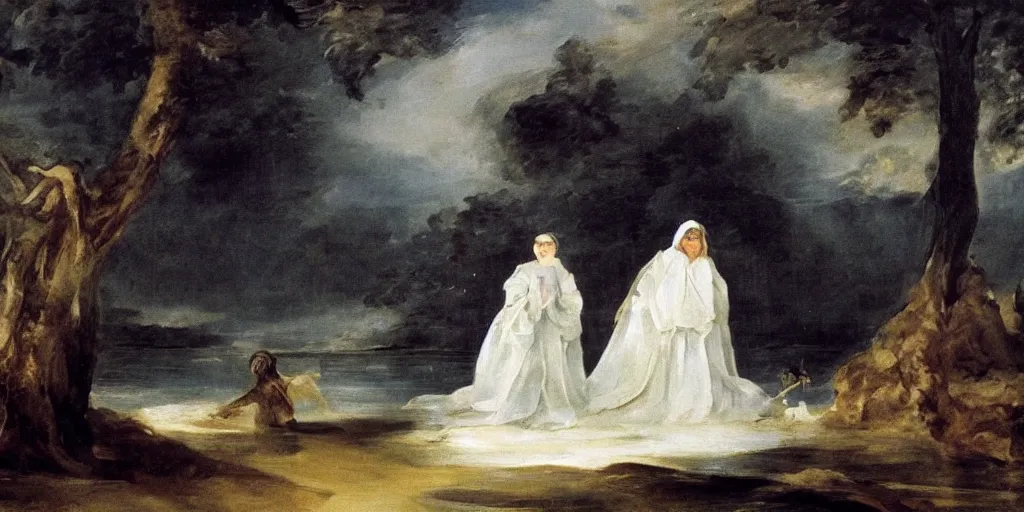 Image similar to hyperrealismBaptism on the river monster spider and girls in white capes landscape in style of Goya