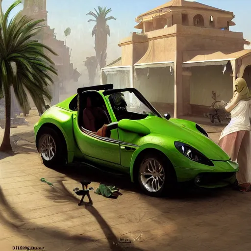 Image similar to kermit inside a car, wlop, mercedes, moroccan city, mosque, palm trees, redneck country, style in digital painting, concept art, smooth illustration, by ruan jia and mandy jurgens and william - adolphe bouguereau, artgerm