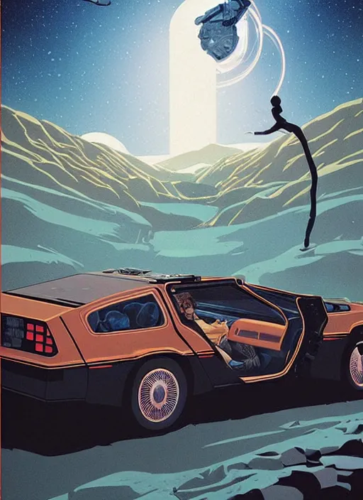 Prompt: Twin Peaks poster artwork by Michael Whelan and Tomer Hanuka, Rendering of David Bowie getting out of Delorean next to cabin full of details, by Makoto Shinkai and thomas kinkade, Matte painting, trending on artstation and unreal engine