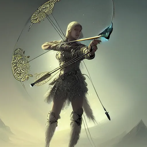 Image similar to beautiful extremely detailed intricate concept art depicting an archer by wlop. shining jewelry. grey atmosphere. particles in the background. bcy. net