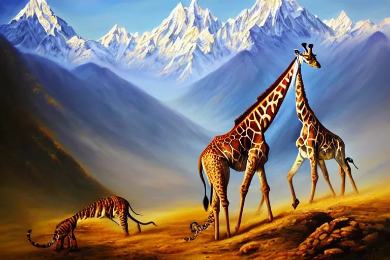 Prompt: ( ( a beautiful 8 k photorealistic masterpiece oil painting ) ( of ( a giraffe riding a tiger ) ( in the nepalese himalayas ) ) ( hyperrealism ) ( 1 6 k ) ( trending on artstation )