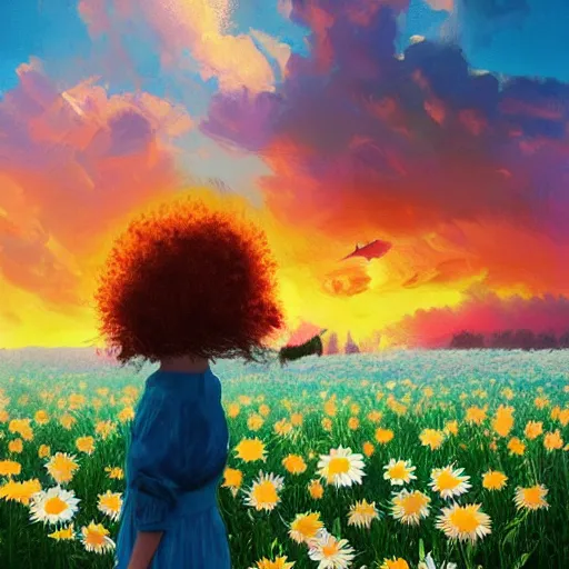 Image similar to girl with a giant daisies head, surreal photography, flower field, sunset dramatic light, impressionist painting, colorful clouds, blue sky, digital painting, artstation, simon stalenhag