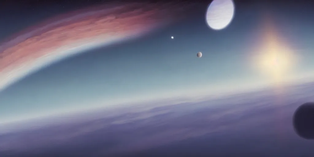 Image similar to blue dreamy cloudscape with a single planet in the clouds, ringed planet, daylight, cinematic lighting, cinematic perspective, syd mead, john harris, federico pelat,
