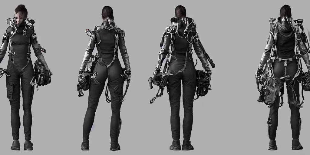 Image similar to front and back character view of a woman in scientist's jacket with a system of straps and pouches for collecting material by Donato Giancola and Tetsuya Nomura, trending on artstation and pixiv clean sci-fi concept art and sheet that using unreal engine 5 render and hyper detailed 3D texture with cinematic software light