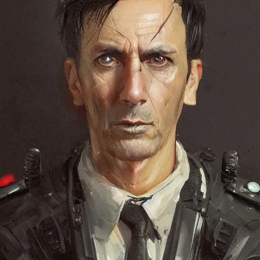 Image similar to Portrait of a man by Greg Rutkowski, he is about 60 years old, short black hair with bangs, his features are a mix between French, Turkish and Russian, expression of contempt, sorrow and resignation, he is wearing a futuristic tactical gear, highly detailed portrait, digital painting, artstation, concept art, smooth, sharp foccus ilustration, Artstation HQ.