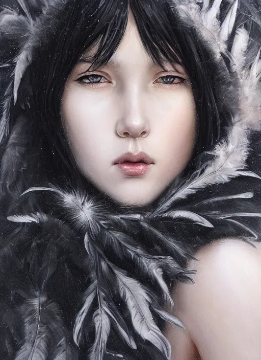 Prompt: a teenage girl with very short black and pink hair and a huge cloak made of grey and black feathers. beautiful highly detailed face. beautiful painting by artgerm and greg rutkowski and raymond swanland, detailed portrait, closeup