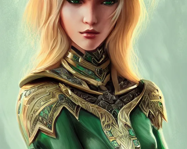 Image similar to A blonde emerald warrior, HD, illustration, epic, fantasy, intricate, elegant, amazing detail, digital painting, artstation, concept art, smooth, sharp focus, illustration, art by Turine Tran