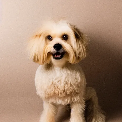 Prompt: cream - colored havanese dog as beyonce, fashion photography, studio lighting