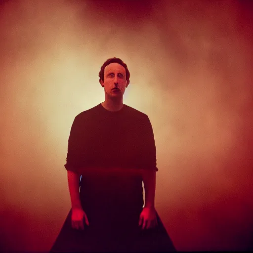 Image similar to dark zuckerberg performing the dark sacrament, hyperrealistic film still, smoke, steam, dramatic low lighting, ominous, cinestill 8 0 0 t