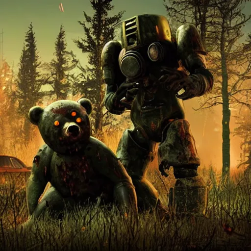 Prompt: Zombie bear vs a man in power armor with a minigun in his hands against the background of a radioactive forest, graphics, fallout 4 render, 3d computer render, maximum details, rain, night, spotlight,