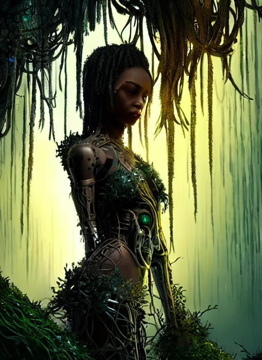 Prompt: intricate Kierra Knightley, growing off a tree, on the background of a weird magical mechanical forest. Very detailed 8k. Fantasy cyberpunk horror. Sharp. Cinematic post-processing