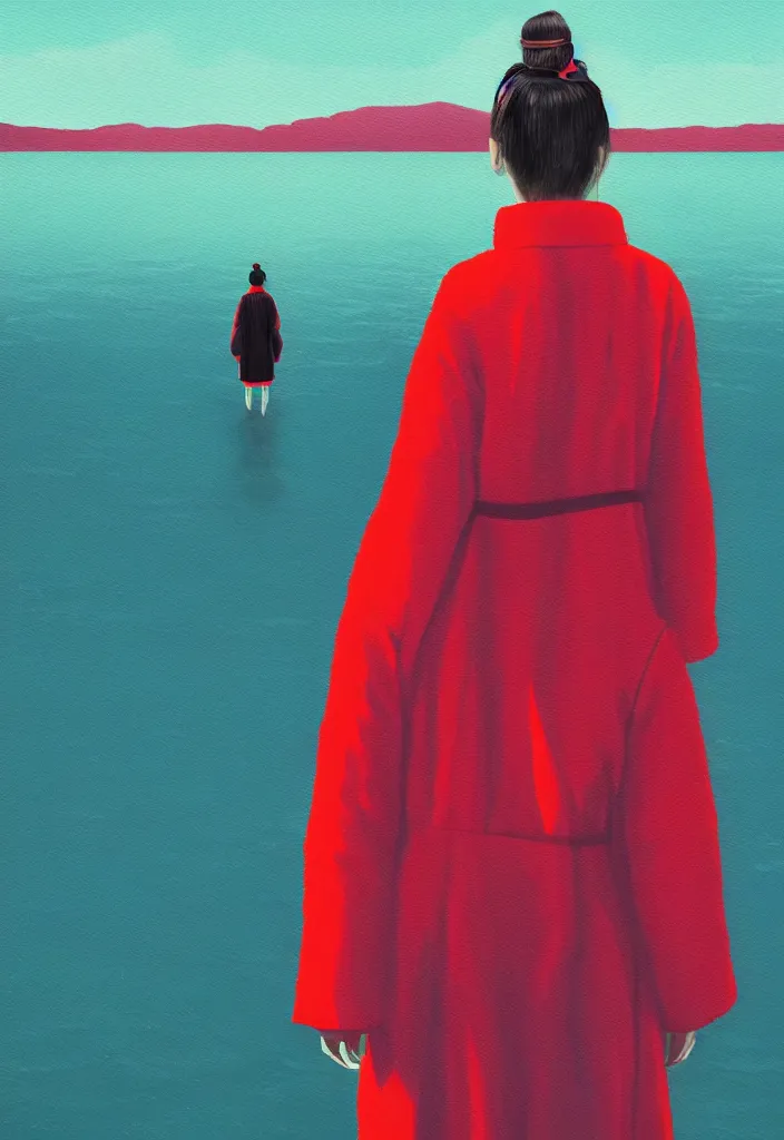 Image similar to wide shot rear view holding dslr camera photographer woman hair in a bun kanzashi long red pattern coat backpack sneakers looking out over a placid lake, a character design painting, in the style of wes anderson, lola dupre, david hockney, isolated on negative white space background dark monochrome neon fluorescent spraypaint accents volumetric octane render, no double