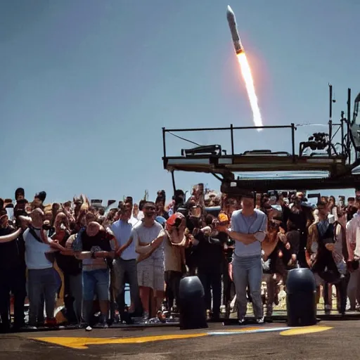 Image similar to a picture of elon musk launching like he's a rocket, full body, flames coming out of feet, dslr, launch test