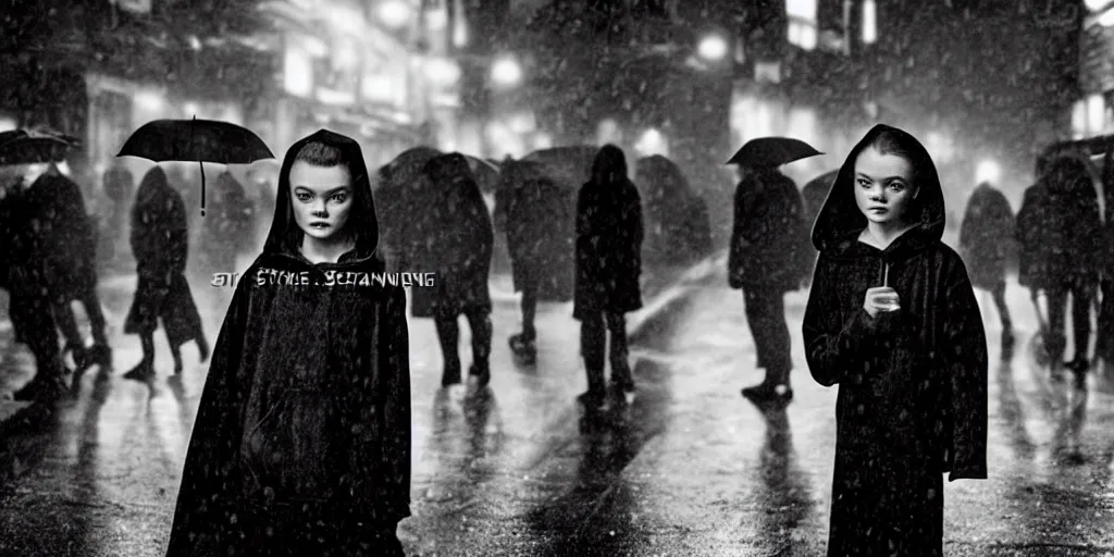 Prompt: night scene, sadie sink in hoodie sits sells umbrellas on city corner, pedestrians ignore her : grainy b & w 1 6 mm film, 2 5 mm lens, single long shot from schindler's list by steven spielberg. cyberpunk, steampunk. cinematic atmosphere and composition, detailed face, perfect anatomy