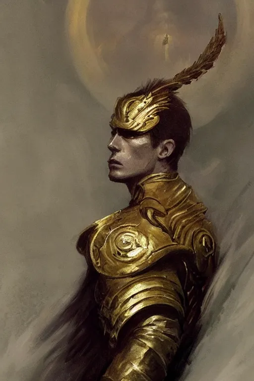 Prompt: a masculine elegant man from sideview and wearing golden laurel wreath, ethereal horror fantasy art by greg rutkowski and magali villanueve and monet con