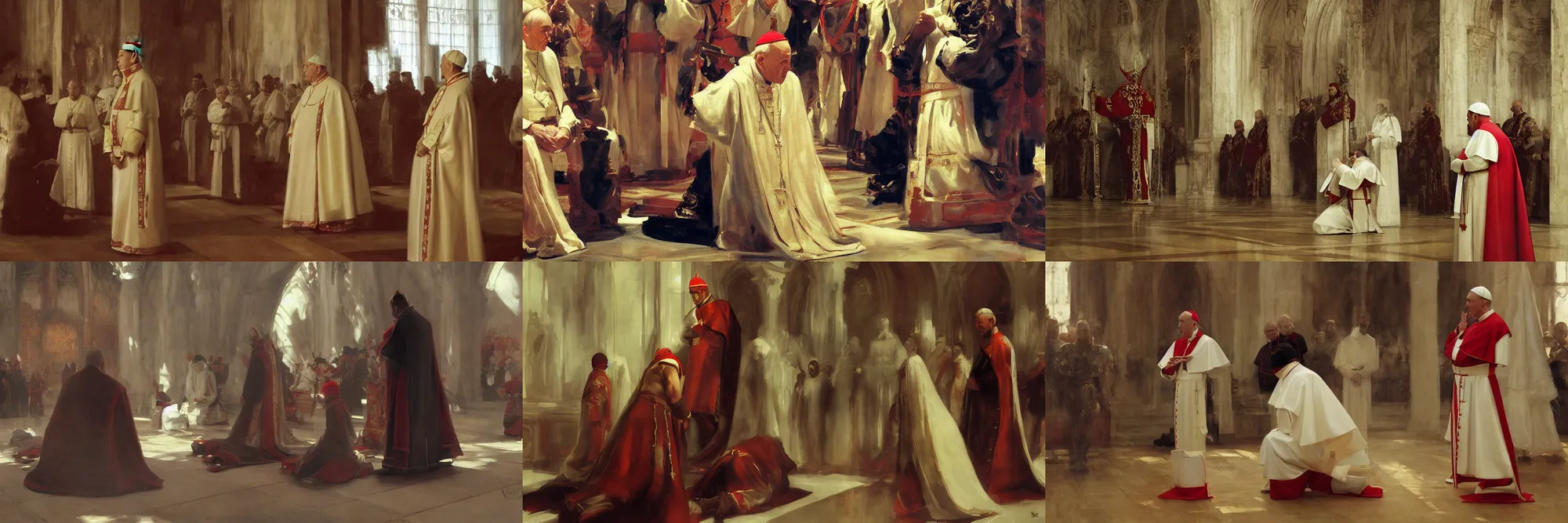 Prompt: painting of a king kneeling, pope stands looking at him. cardinals watching. close - up. ruan jia, sorolla, trending on artstation