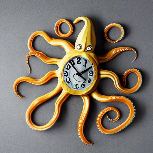 Image similar to octopus clock, real tentacles, professional product photo