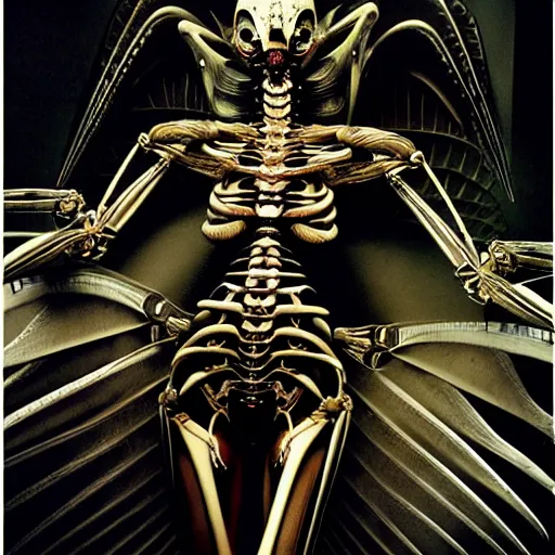 Image similar to still frame from Prometheus movie by Makoto Aida, biomechanical mantis angel archangel gynoid by giger, metal couture by neri oxmn and Guo pei, editorial by Malczewski and by Caravaggio