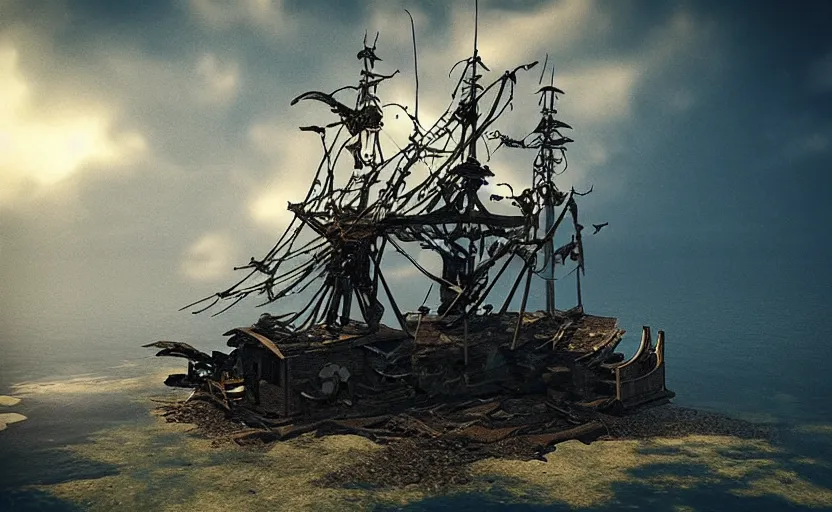 Prompt: “Pirate ship wreck falling off a Floating island from the sky, 4k, cinematic, award winning”