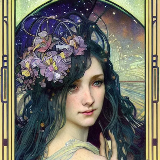 Prompt: realistic detailed face portrait of the Muse of Astronomy Urania with a spiral nebula rising for hair by Alphonse Mucha, Ayami Kojima, Amano, Charlie Bowater, Karol Bak, Greg Hildebrandt, Jean Delville, and Mark Brooks, Art Nouveau, Neo-Gothic, gothic, rich deep moody colors