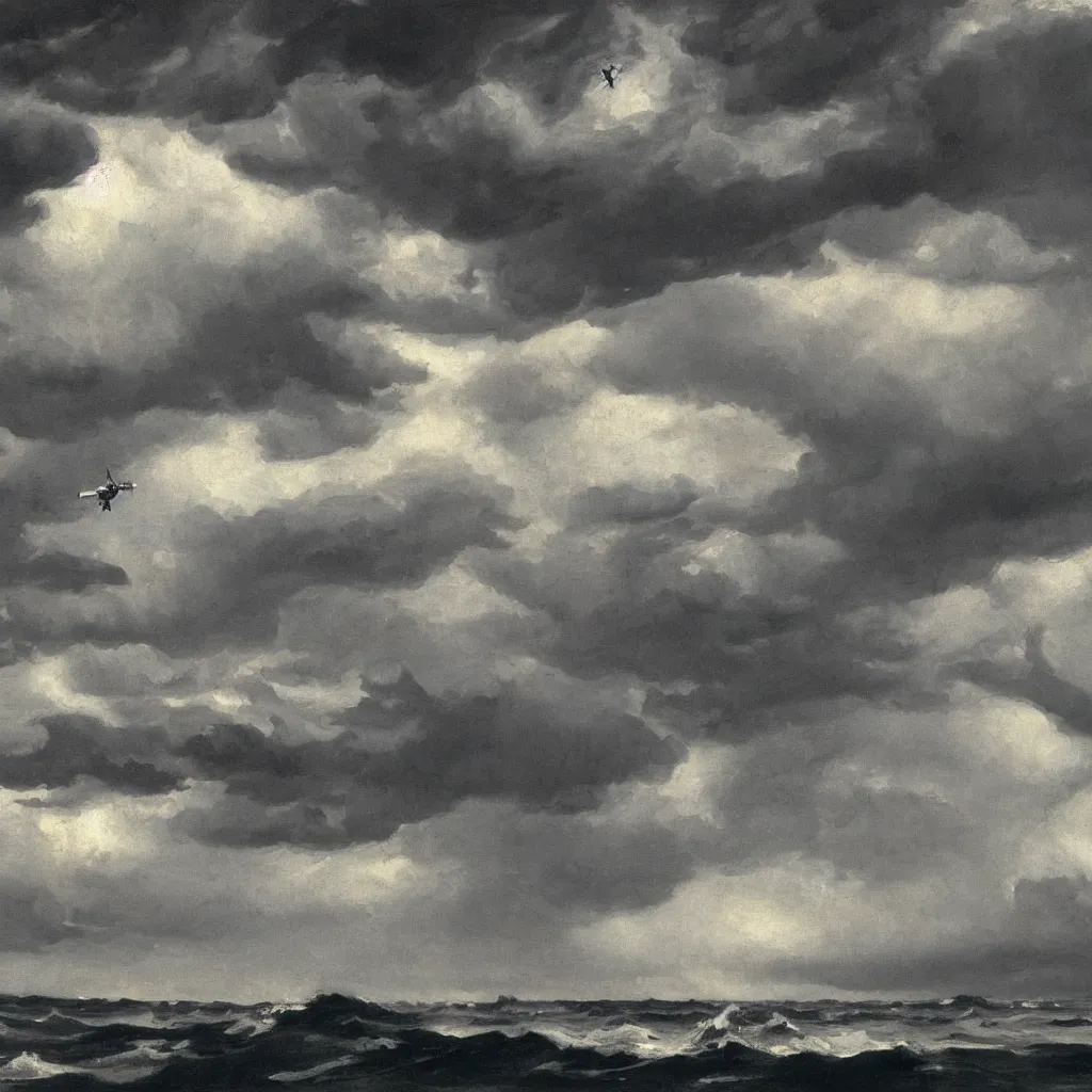 Prompt: zepplins flying in the sky just as a storm is coming in, dramatic lighting, 1905, highly detailed oil on canvas, by Arkhip Kuinji