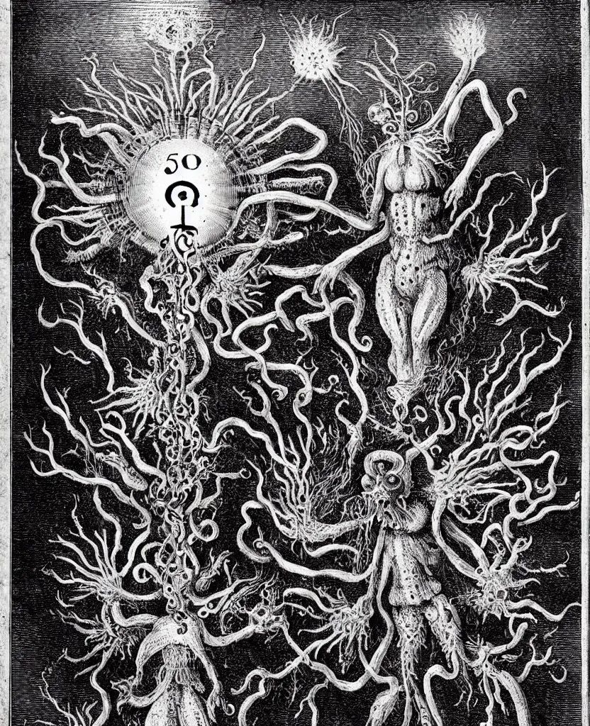 Image similar to fiery freaky creature sings a unique canto about'as above so below'being ignited by the spirit of haeckel and robert fludd, breakthrough is iminent, glory be to the magic within