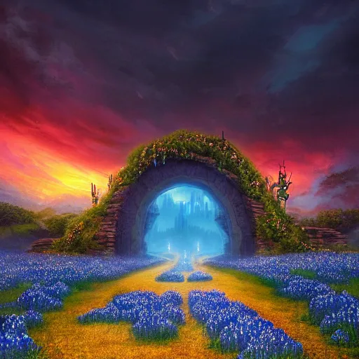 Image similar to a beautiful and detailed picture of gateway to the underworld surrounded by a field of bluebonnets, in the style of magic the gathering, highly detailed, digital painting, ominous sunset, volumetric lighting, octane render, 4 k resolution, art by adam paquette and johann bodin and jason rainville