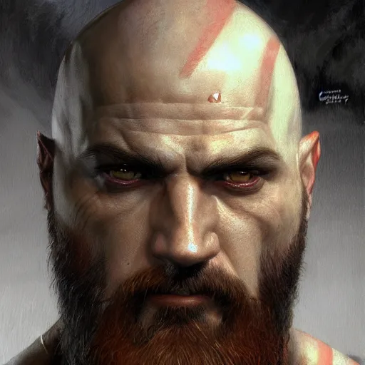 Prompt: Kratos, closeup character portrait art by Donato Giancola, Craig Mullins, digital art, trending on artstation