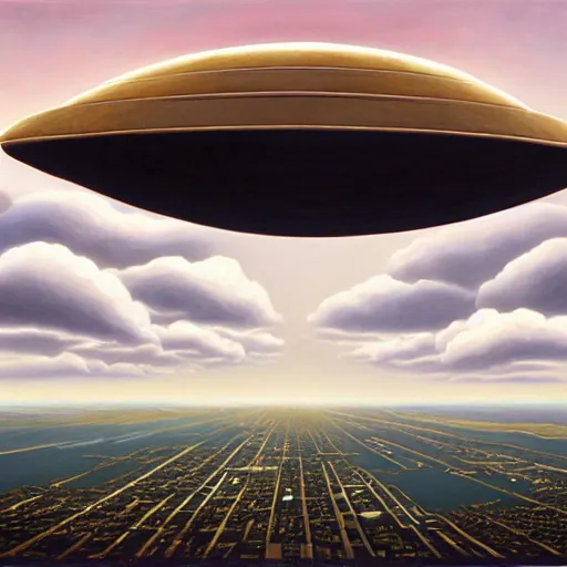 Prompt: prompt : big alien spaceship shaped like cloud hanging above city by jeffrey smith, oil on canvas