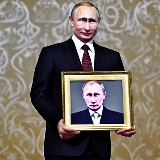 Image similar to putin is holding a picture of putin holding a portrait of putin