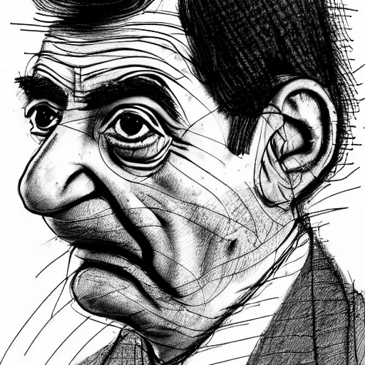 Image similar to a realistic yet scraggly portrait sketch of the side profile of a stern and sophisticated mr bean, trending on artstation, intricate details, in the style of frank auerbach, in the style of sergio aragones, in the style of martin ansin, in the style of david aja, in the style of mattias adolfsson