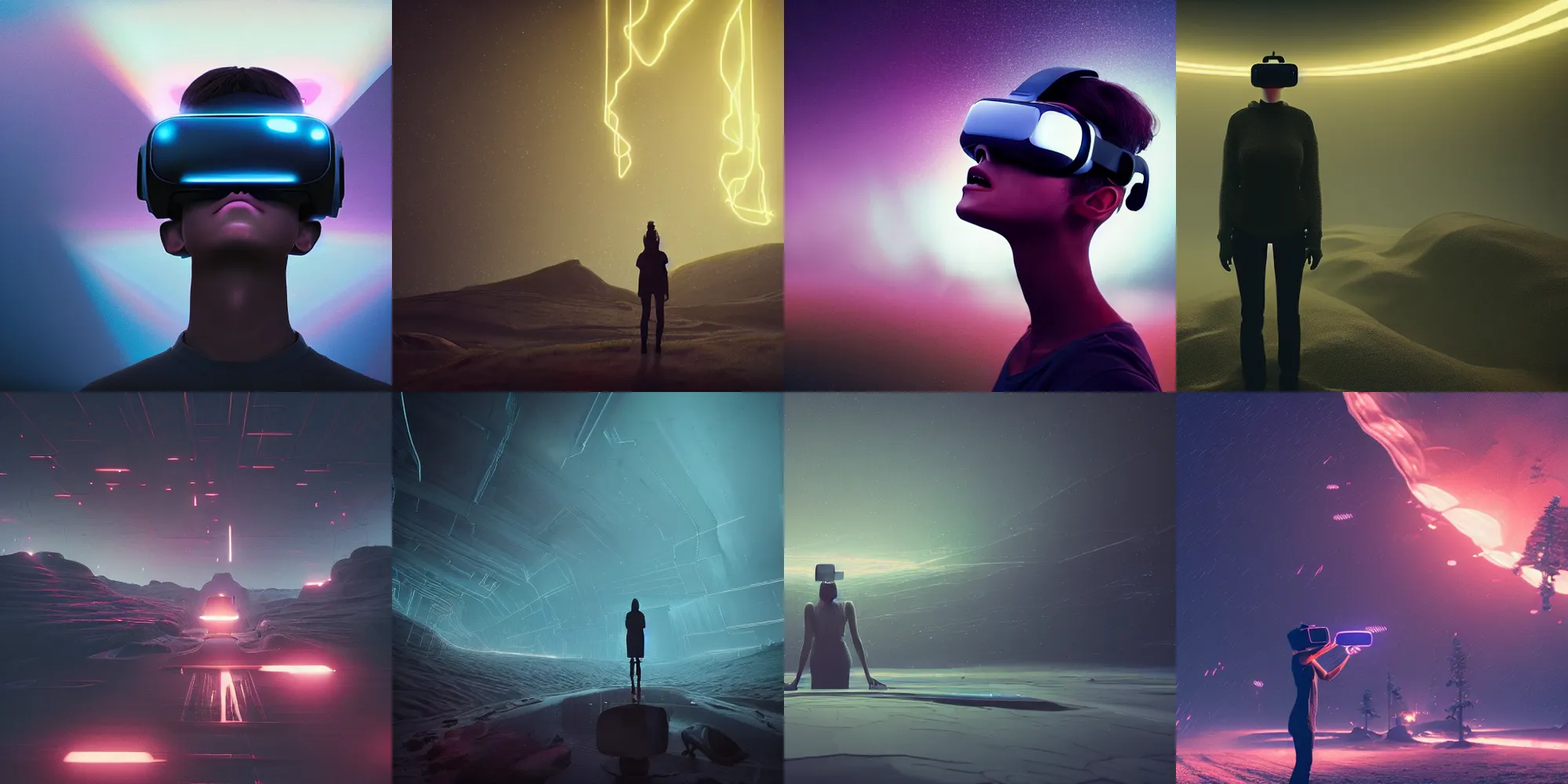 Image similar to beautiful dark landscape, person screaming wearing virtual reality, in the style of beeple and Mike Winkelmann, intricate, epic lighting, cinematic composition, hyper realistic, 8k resolution, unreal engine 5,