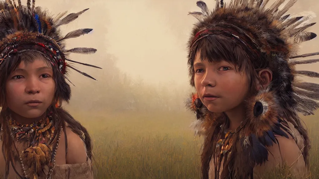 Image similar to highly detailed portrait of a grizzled indigenous child, feathered headdress, traditional clothing, unreal engine, fantasy art by greg rutkowski, ferdinand knab, makoto shinkai and lois van baarle, ilya kuvshinov, rossdraws, tom bagshaw, global illumination, radiant light, detailed and intricate environment