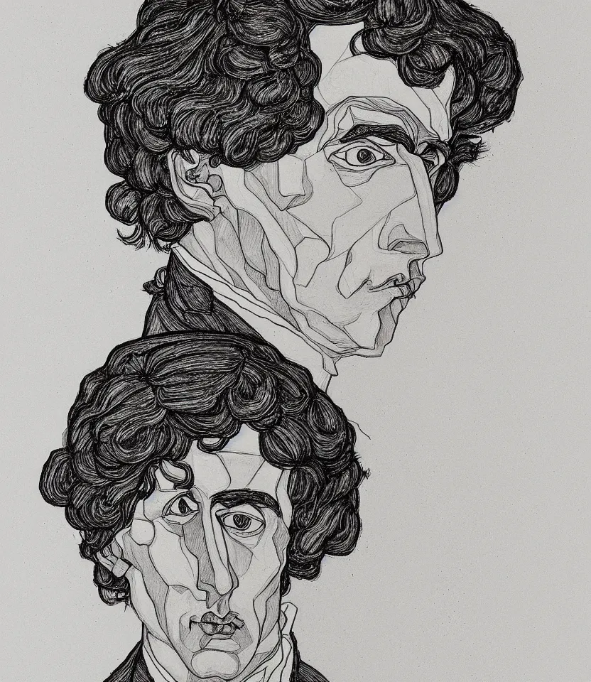 Image similar to detailed line art portrait of frederic chopin, inspired by egon schiele. caricatural, minimalist, bold contour lines, musicality, soft twirls curls and curves, confident personality, raw emotion