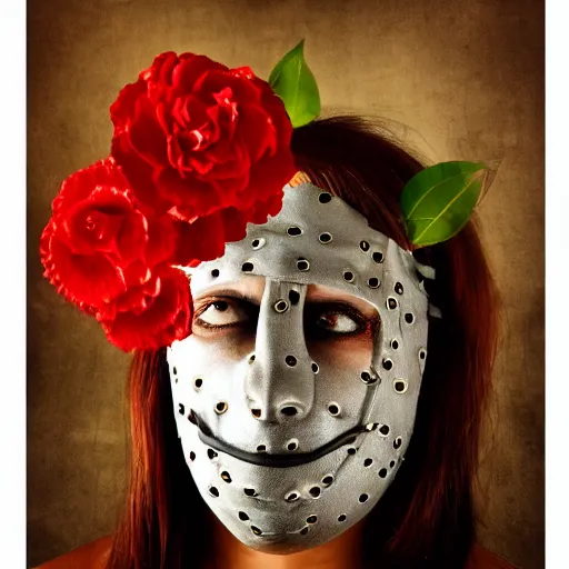 Image similar to portrait of Leather Face with flowers, cinematic light, cinematic atmosphere