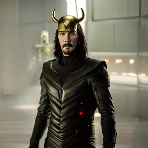 Image similar to film still of Keanu Reeves as Loki wearing the horned helmet in Avengers Endgame