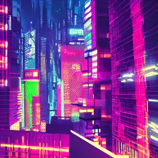 Image similar to cyberpunk city, neon, bright colors, midnight, person on rooftop, shadowy.