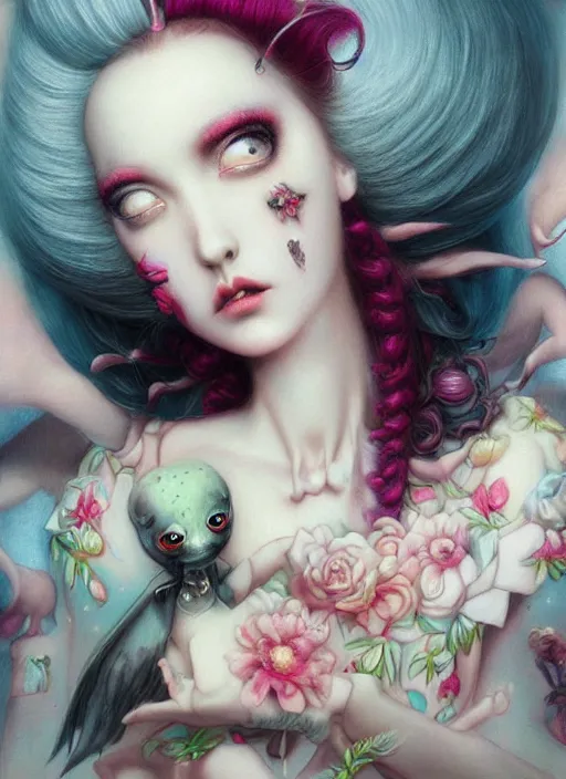 Prompt: pop surrealism, lowbrow art, realistic cute dress fashion painting, japanese street fashion, hyper realism, muted colours, rococo, natalie shau, loreta lux, tom bagshaw, mark ryden, trevor brown style,