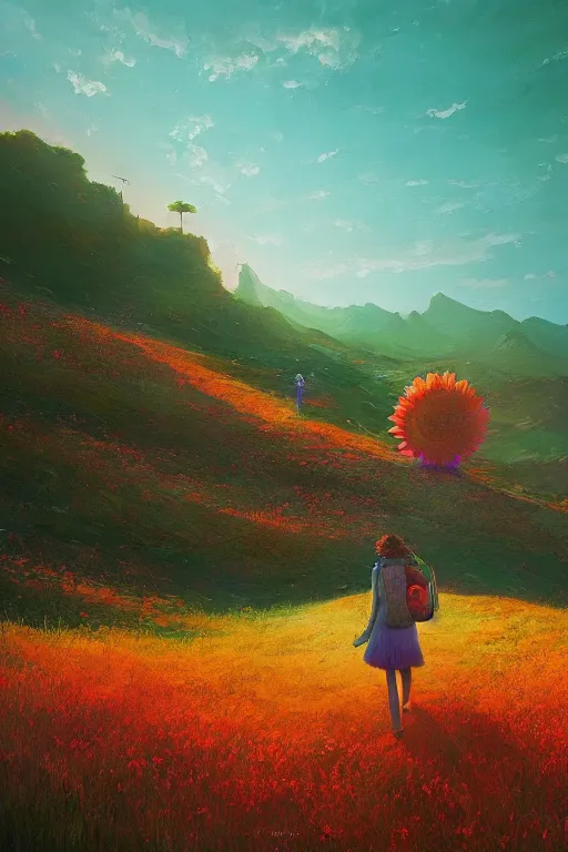 Image similar to giant daisy flower head, girl walking in the mountains, surreal photography, sunrise, dramatic light, impressionist painting, colorful clouds, digital painting, artstation, simon stalenhag