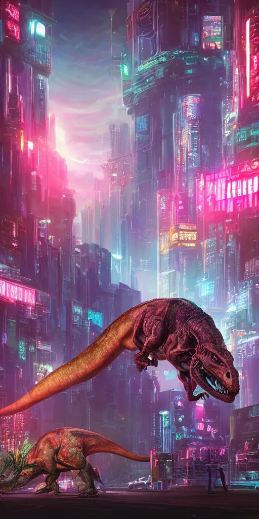 Prompt: a beautiful painting of a lush cyberpunk city with a single dinosaur grazing in the foreground by ridley scott, vivid colours, cinematic lighting, fine details, 8 k | | digital artwork made by greg rutswork, anna dittmann and lois van barlee, symmetrical neon rim light, anatomically correct