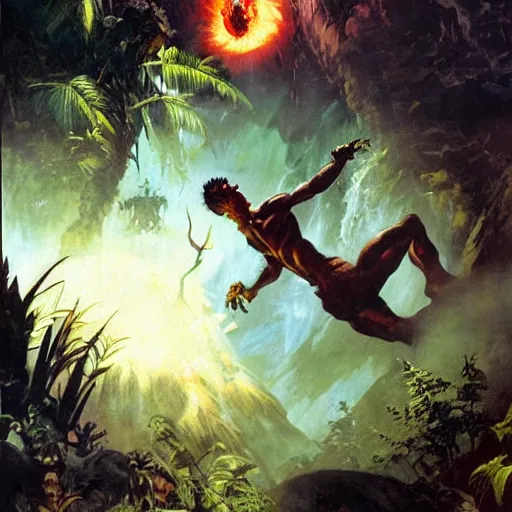 Image similar to an adventurer descends to the hollow earth, action shot, tropical forest, dinosaurs, intense lighting, painting by Frank Frazetta