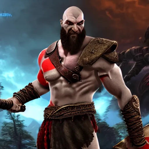 Prompt: in - game screenshot of kratos from god of war in the video game league of legends
