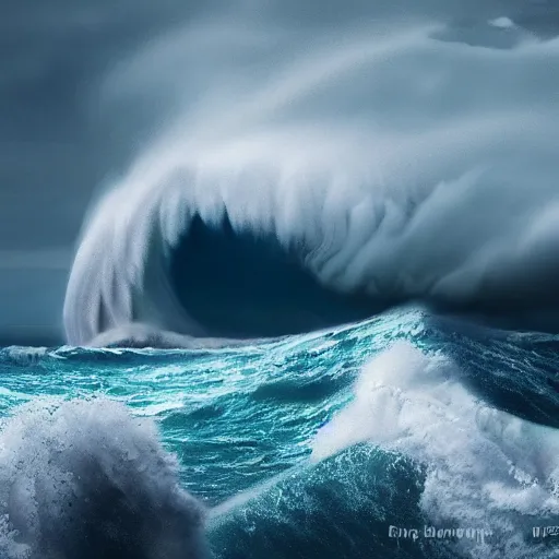 Prompt: tsunami wave in the middle of stormy ocean, photorealistic, cinematic