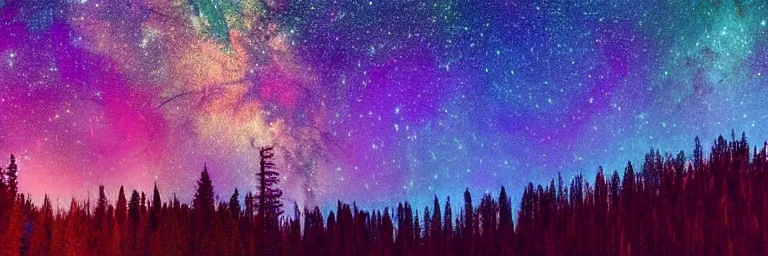 Image similar to beautiful trees, colorful stars and galaxies, rainbow, clouds, wilderness, psychedelic, trending on artstation, hd photography