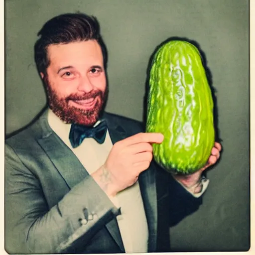 Prompt: a dapper man posing excitedly with a giant pickle Polaroid