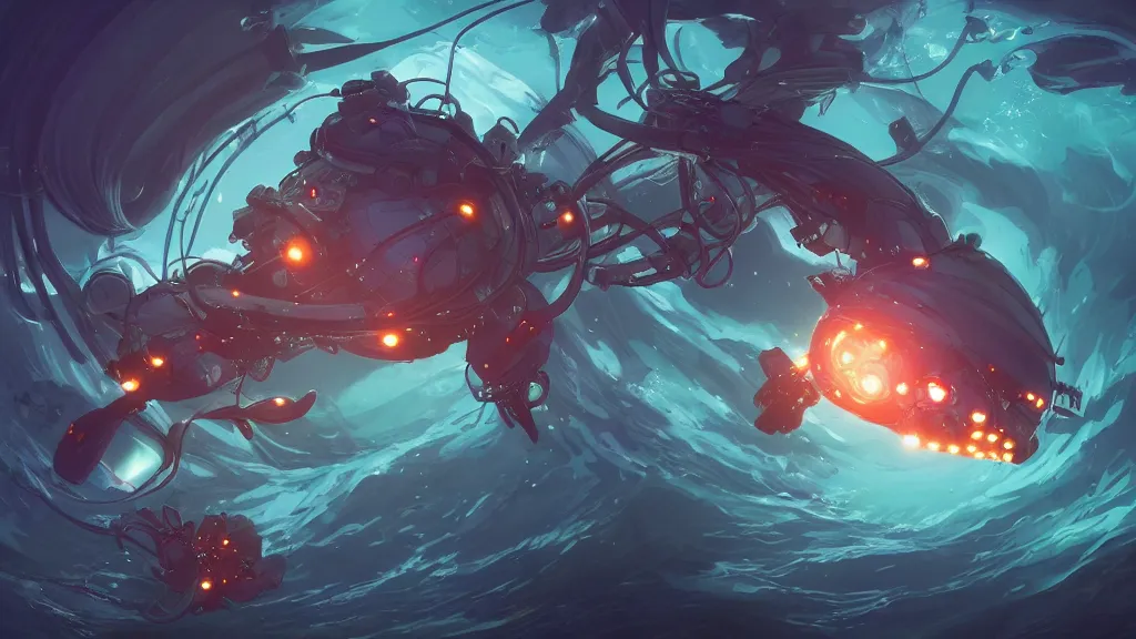 Image similar to i watch with joy the marvellous bioluminescent creature that live in the depth from the sea from the bay of a futuristic submarine, dramatic lighting, dynamic lighting, cinematic lighting, by makoto makoto, krenz cushart and artgerm, anime, featured on artstation, ultrawide angle