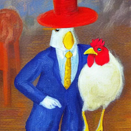 Image similar to a high quality photo of a chicken wearing a suit, Impressionism, 8k