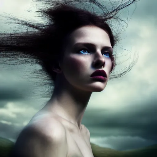 Image similar to photographic portrait of a stunningly beautiful female scottish highlands witch dark moody clouds, contemporary fashion shoot, by edward robert hughes, annie leibovitz and steve mccurry, david lazar, jimmy nelsson, breathtaking, 8 k resolution, extremely detailed, establishing shot, artistic, hyperrealistic, perfect face, octane render