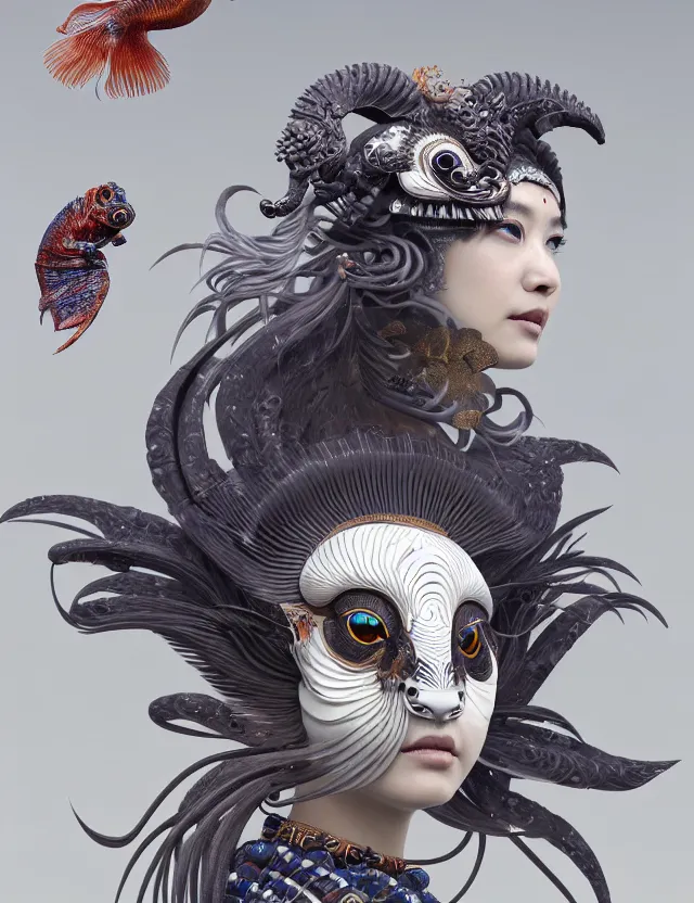 Image similar to 3 d goddess close - up frontal portrait with ram skull. beautiful intricately detailed japanese crow kitsune mask and clasical japanese kimono. betta fish, jellyfish phoenix, bio luminescent, plasma, ice, water, wind, creature, artwork by tooth wu and wlop and beeple and greg rutkowski