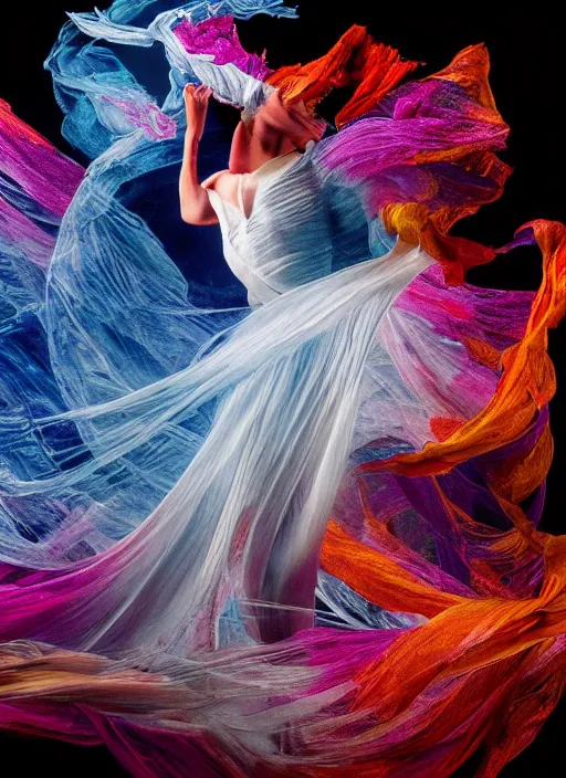 Prompt: a Photorealistic dramatic hyperrealistic render of a beautiful smoke dancer by Ken Brower and Deborah Ory of NYC Dance project,Lois Greenfield,Flowing cloth and smoke colourful acrylic ink drop art, Beautiful dynamic dramatic dark moody lighting,volumetric,shadows,cinematic atmosphere,Octane render,8K